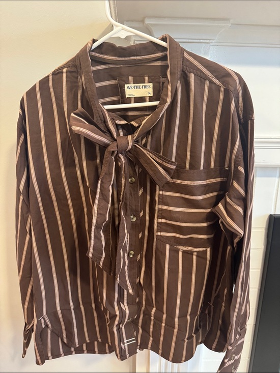 We The Free Tops - We The Free Brown and Cream Striped Tie-Neck Button-Up Shirt